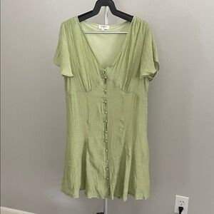 Umgee Sage Green Mini Dress with Front Button Detail and Tie Back